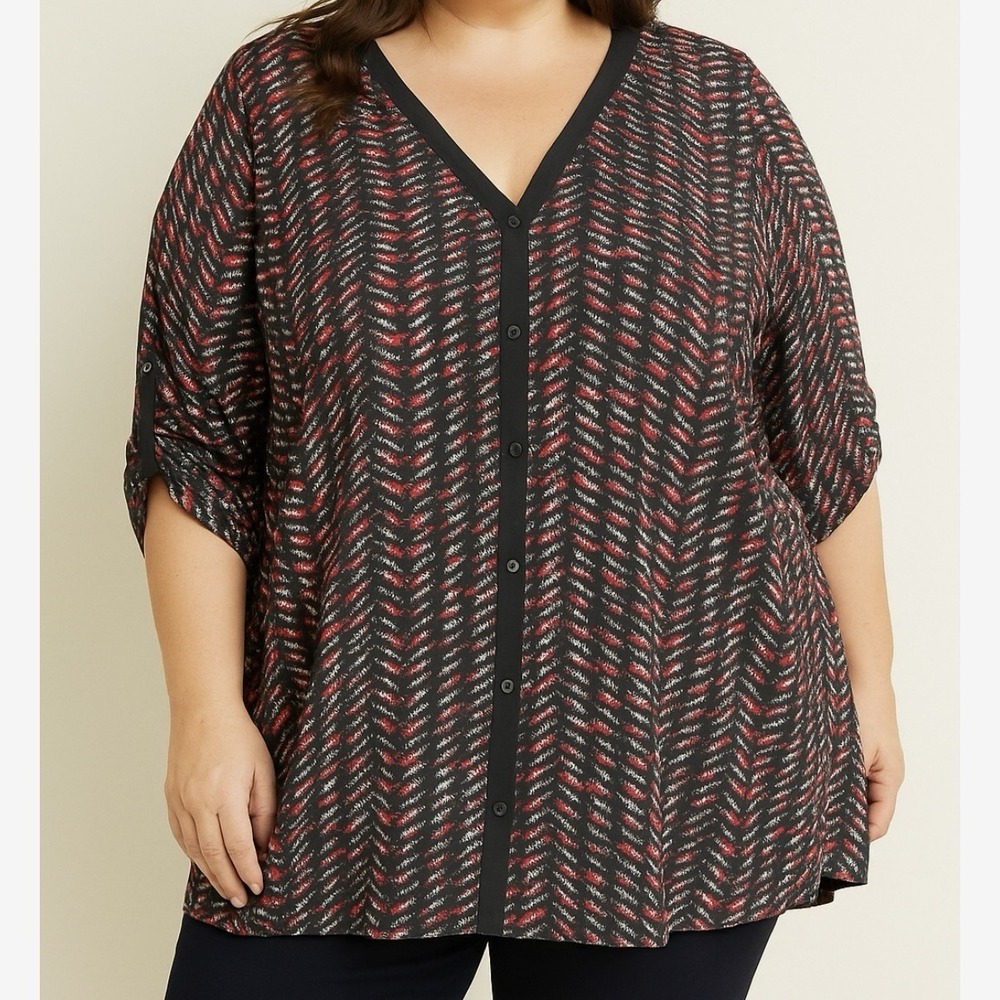 Catherines Red Black Geometric‎ Button Up 3/4 Sleeve Y Neck Blouse Size 5X